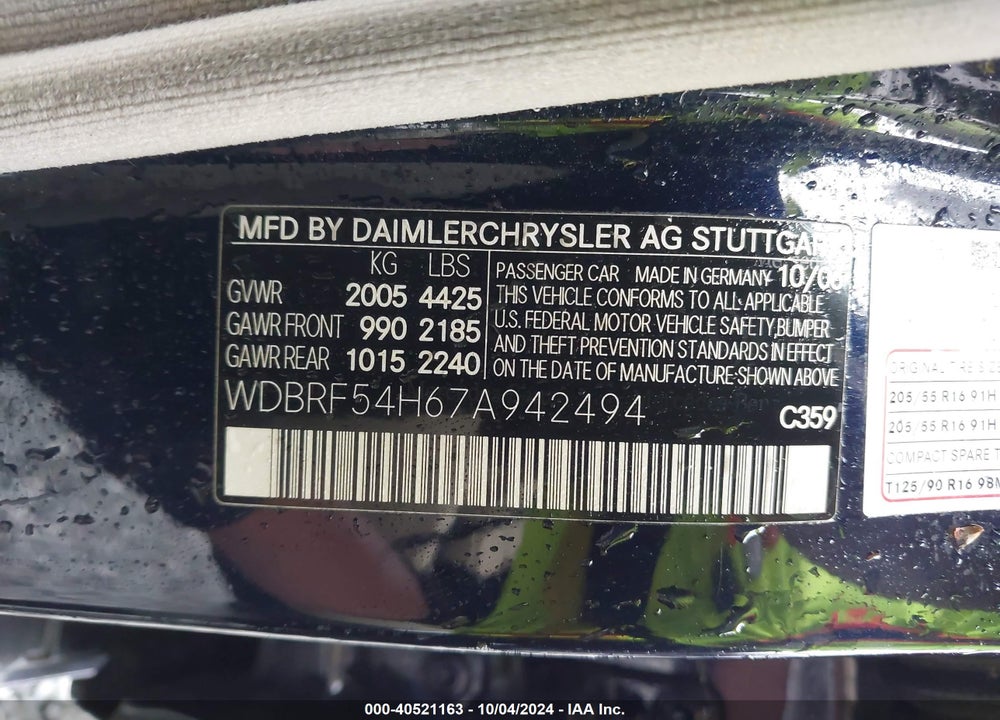 2007 MERCEDES-BENZ C 280 LUXURY VIN: WDBRF54H67A942494