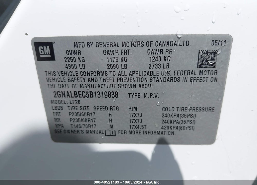 2011 CHEVROLET EQUINOX LS VIN: 2GNALBEC5B1319838