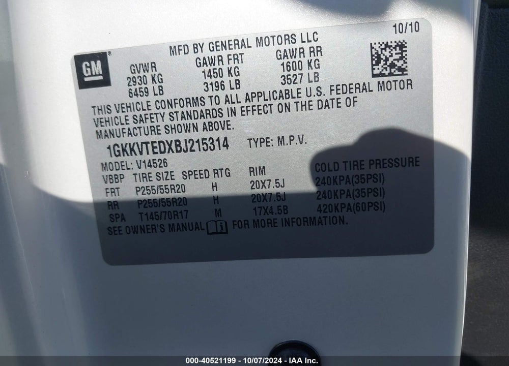 2011 GMC ACADIA DENALI VIN: 1GKKVTEDXBJ215314