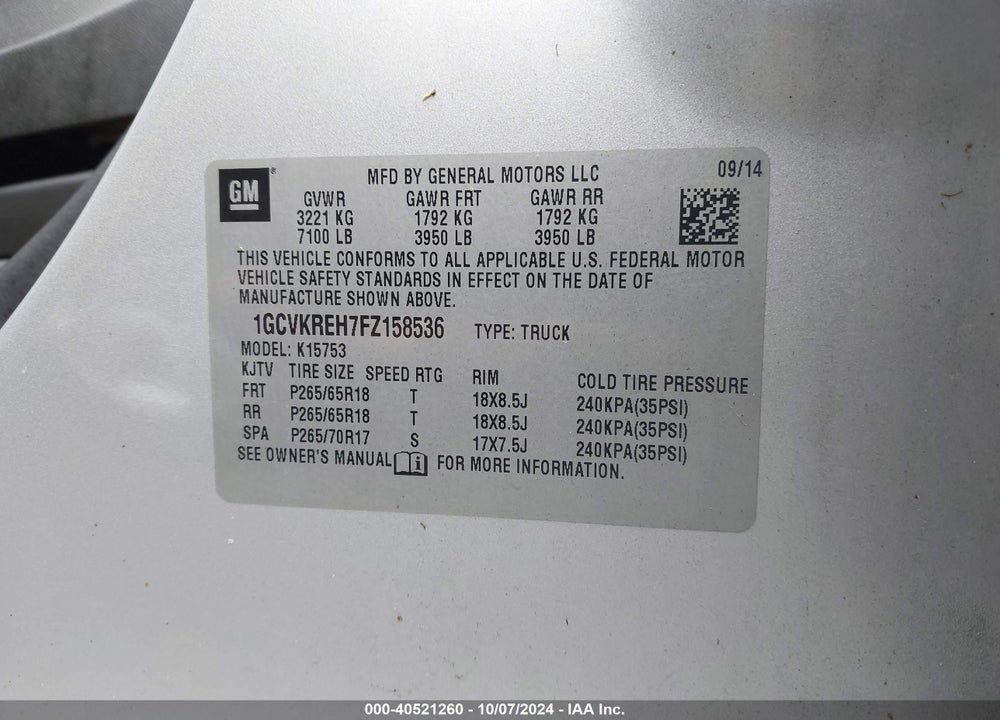 2015 CHEVROLET SILVERADO 1500 1LT VIN: 1GCVKREH7FZ158536