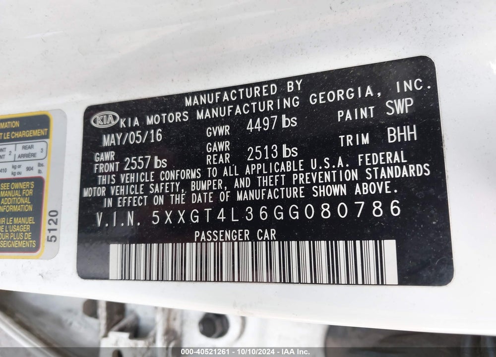 2016 KIA OPTIMA LX VIN: 5XXGT4L36GG080786