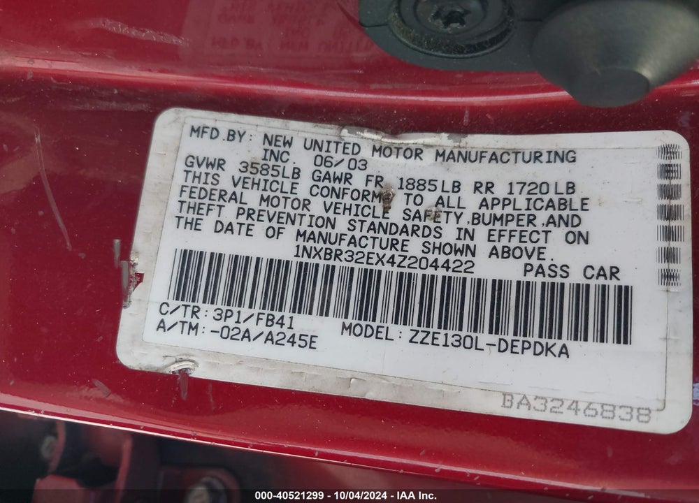 2004 TOYOTA COROLLA CE VIN: 1NXBR32EX4Z204422