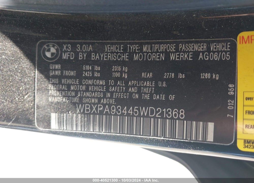 2005 BMW X3 3.0I VIN: WBXPA93445WD21368