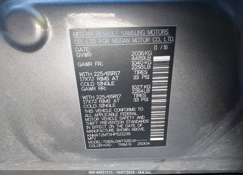 2017 NISSAN ROGUE SV VIN: KNMAT2MTXHP521239