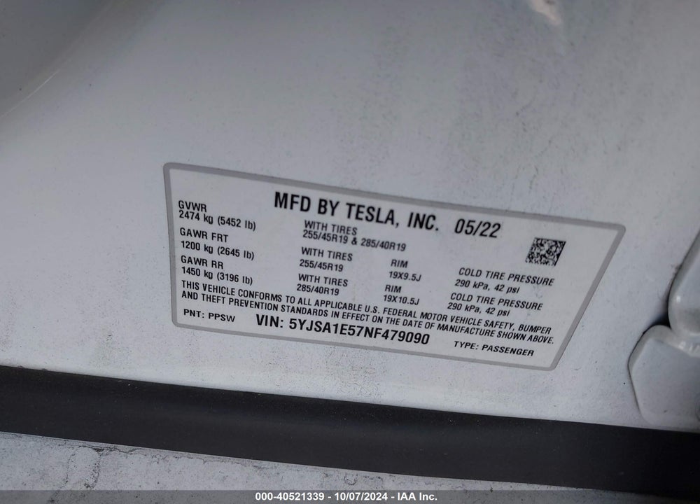 2022 TESLA MODEL S DUAL MOTOR ALL-WHEEL DRIVE VIN: 5YJSA1E57NF479090