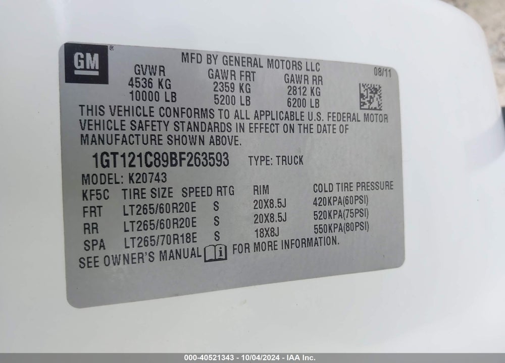 2011 GMC SIERRA 2500HD SLT VIN: 1GT121C89BF263593