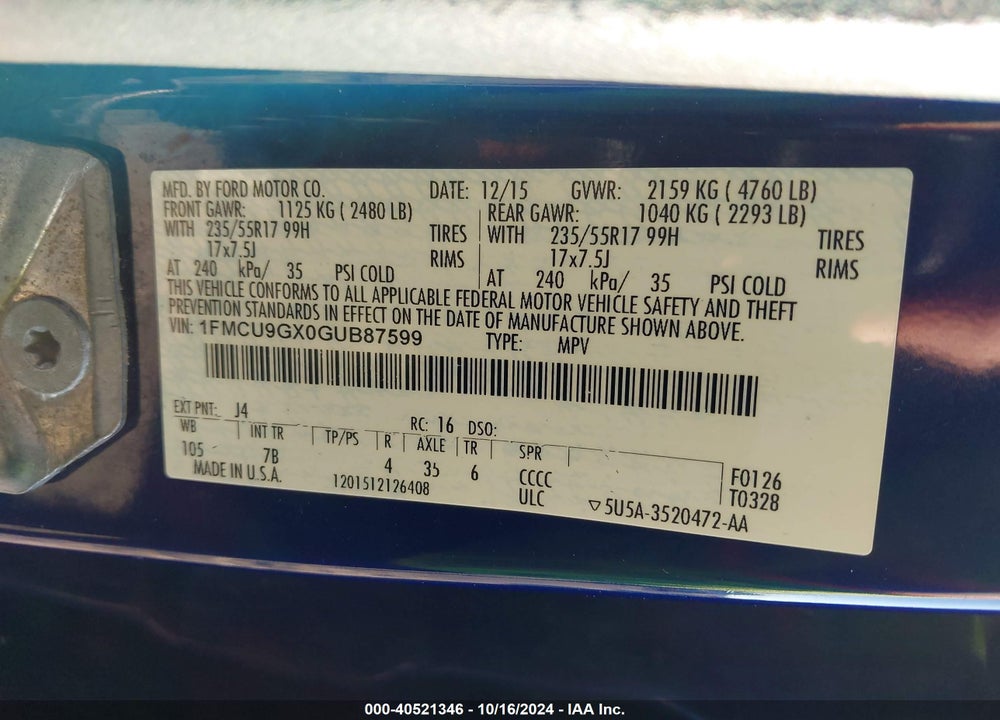 2016 FORD ESCAPE SE VIN: 1FMCU9GX0GUB87599