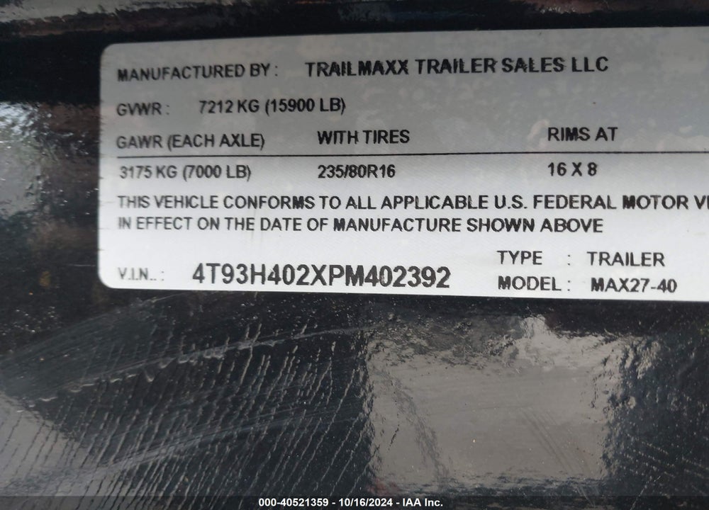 2023 TRAILMAXX TRAILER VIN: 4T93H402XPM402392