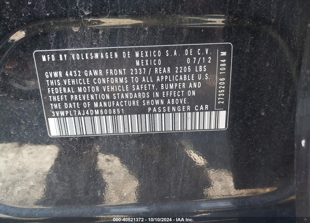 2013 VOLKSWAGEN JETTA SPORTWAGEN 2.0L TDI VIN: 3VWPL7AJ4DM600851
