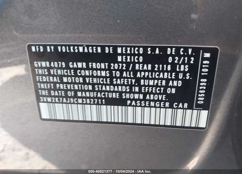2012 VOLKSWAGEN JETTA 2.0L S VIN: 3VW2K7AJ9CM382711