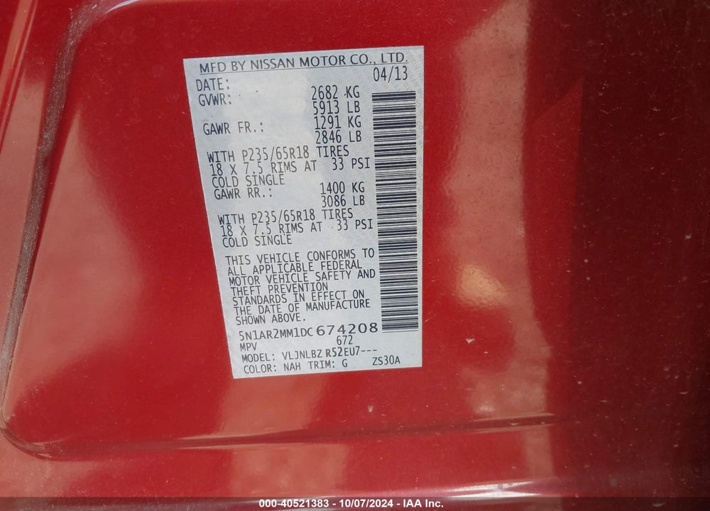 2013 NISSAN PATHFINDER S VIN: 5N1AR2MM1DC674208