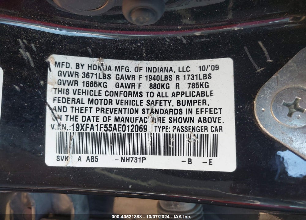 2010 HONDA CIVIC LX VIN: 19XFA1F55AE012069