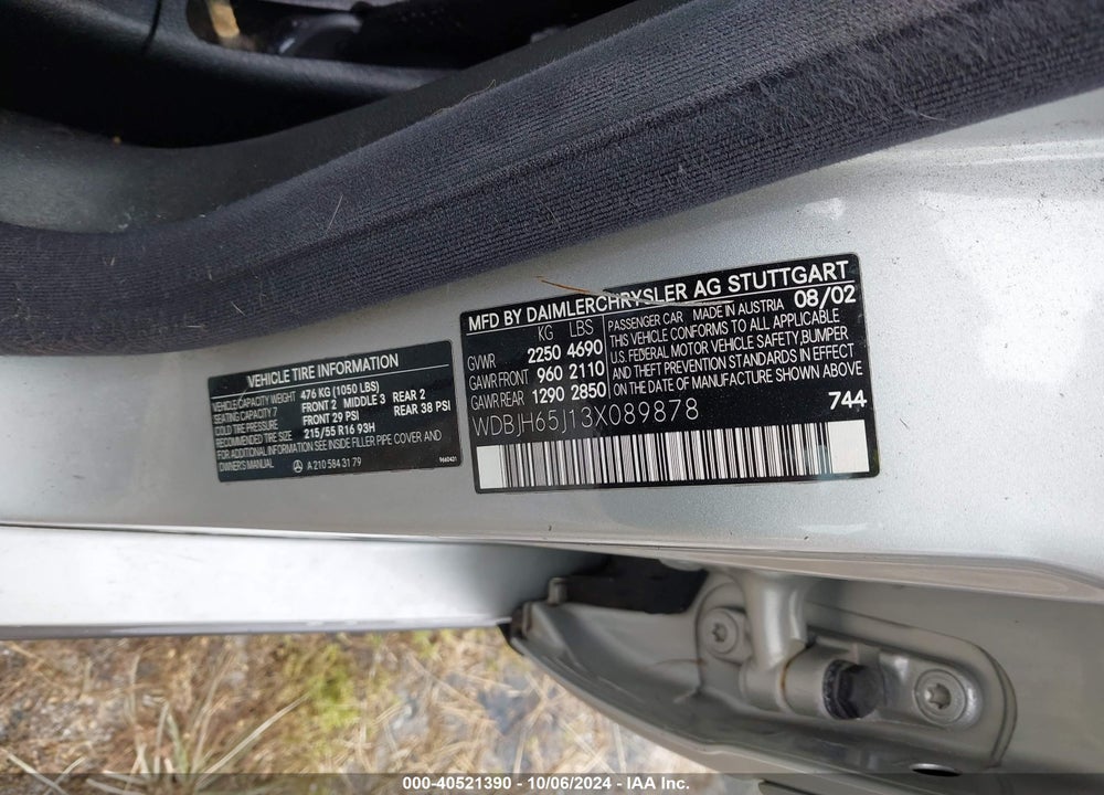 2003 MERCEDES-BENZ C 320 VIN: WDBJH65J13X089878