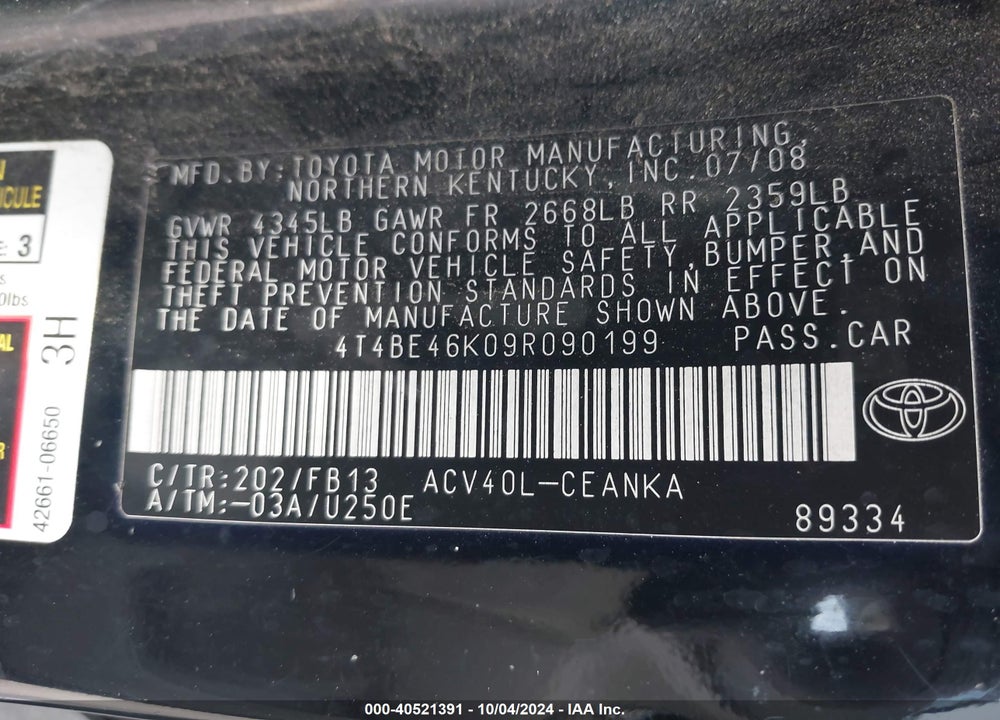 2009 TOYOTA CAMRY LE VIN: 4T4BE46K09R090199
