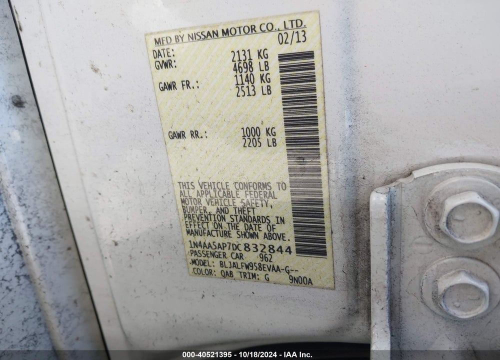 2013 NISSAN MAXIMA 3.5 SV VIN: 1N4AA5AP7DC832844