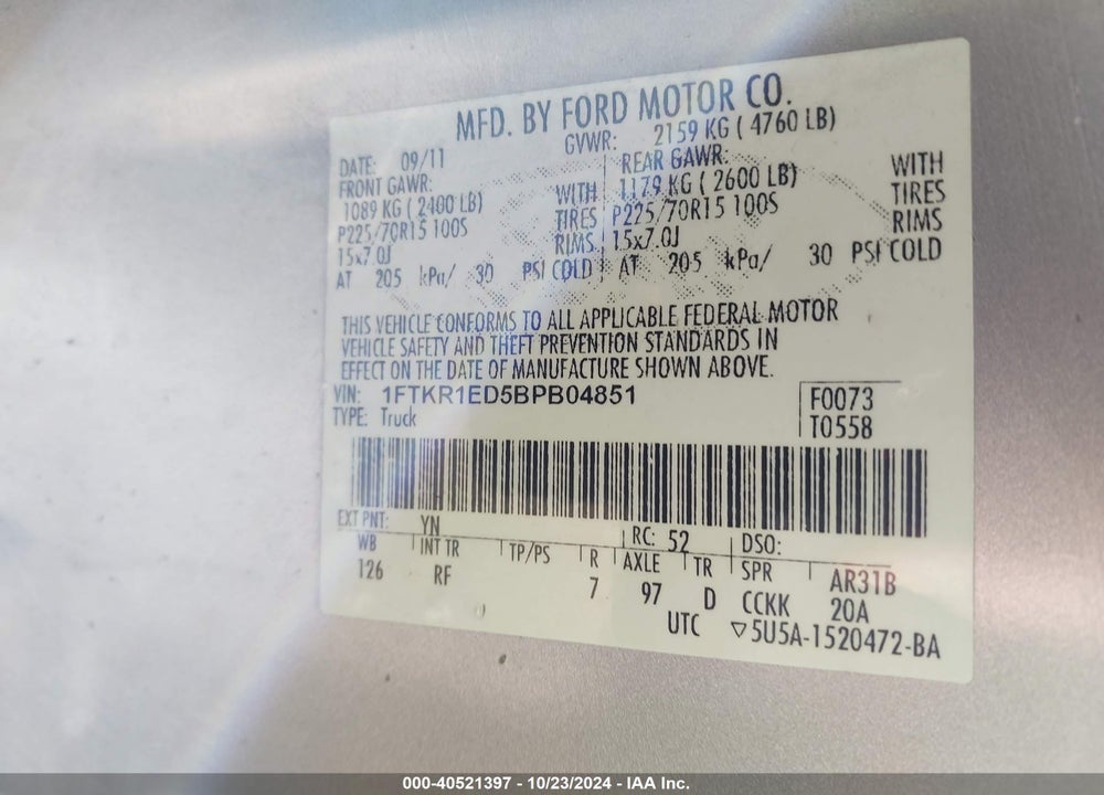 2011 FORD RANGER XL VIN: 1FTKR1ED5BPB04851