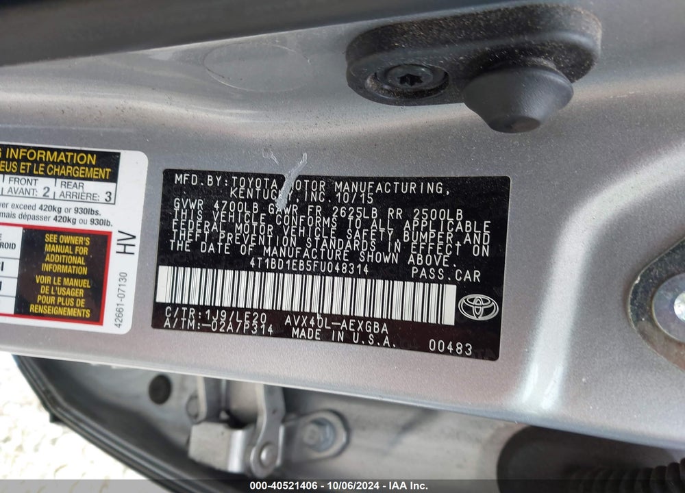 2015 TOYOTA AVALON HYBRID XLE TOURING VIN: 4T1BD1EB5FU048314