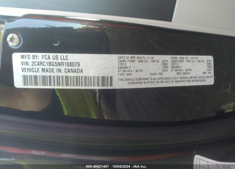 2022 CHRYSLER PACIFICA TOURING L VIN: 2C4RC1BG5NR168079