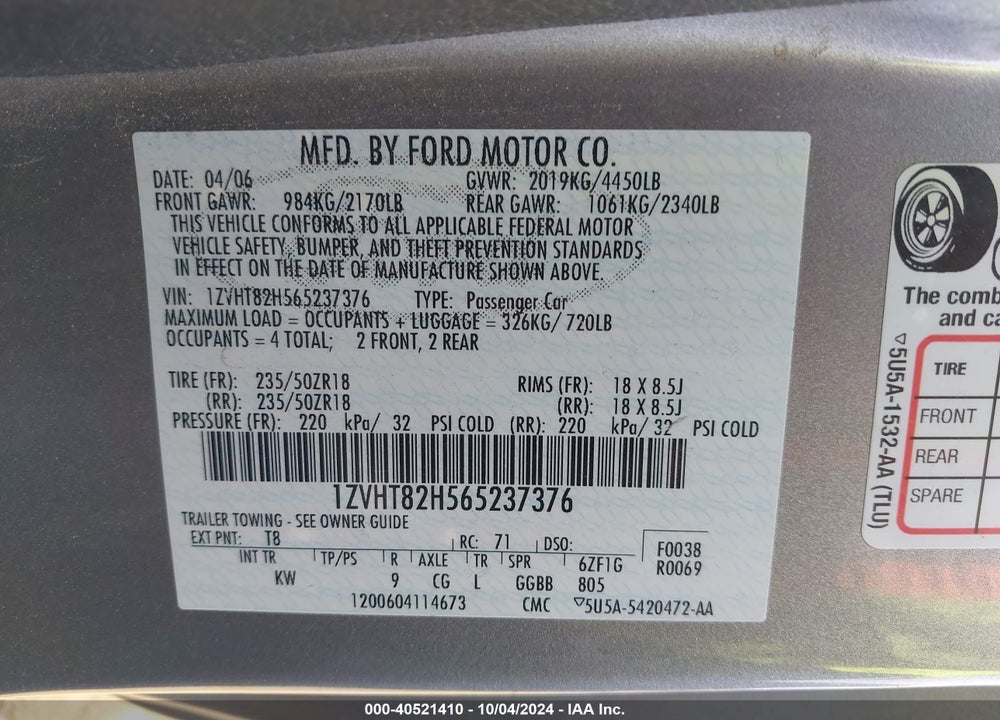 2006 FORD MUSTANG GT VIN: 1ZVHT82H565237376