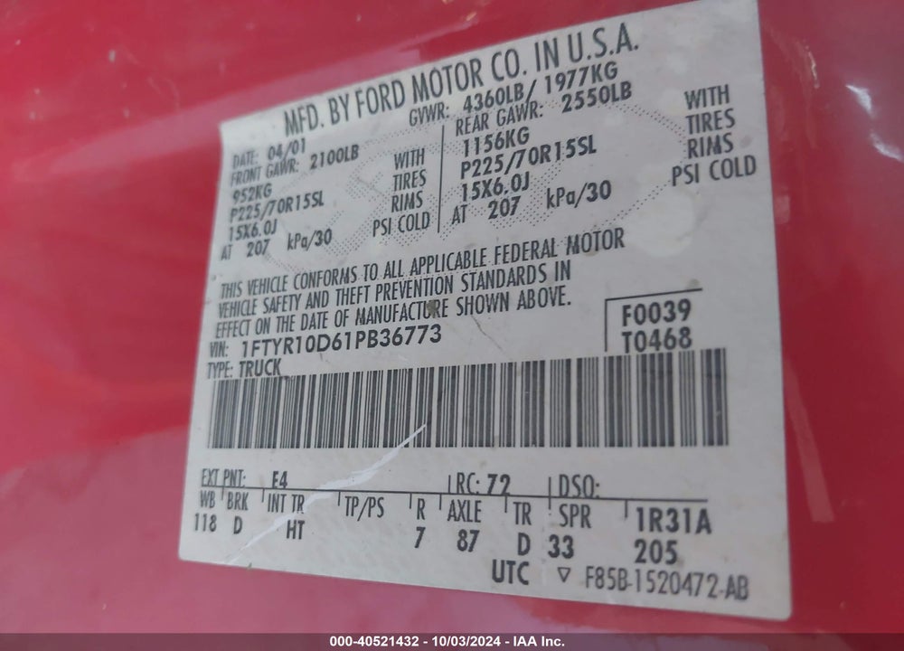 2001 FORD RANGER XL/XLT VIN: 1FTYR10D61PB36773