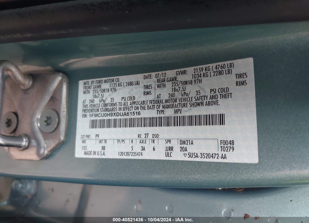 2013 FORD ESCAPE SEL VIN: 1FMCU0H9XDUA61516