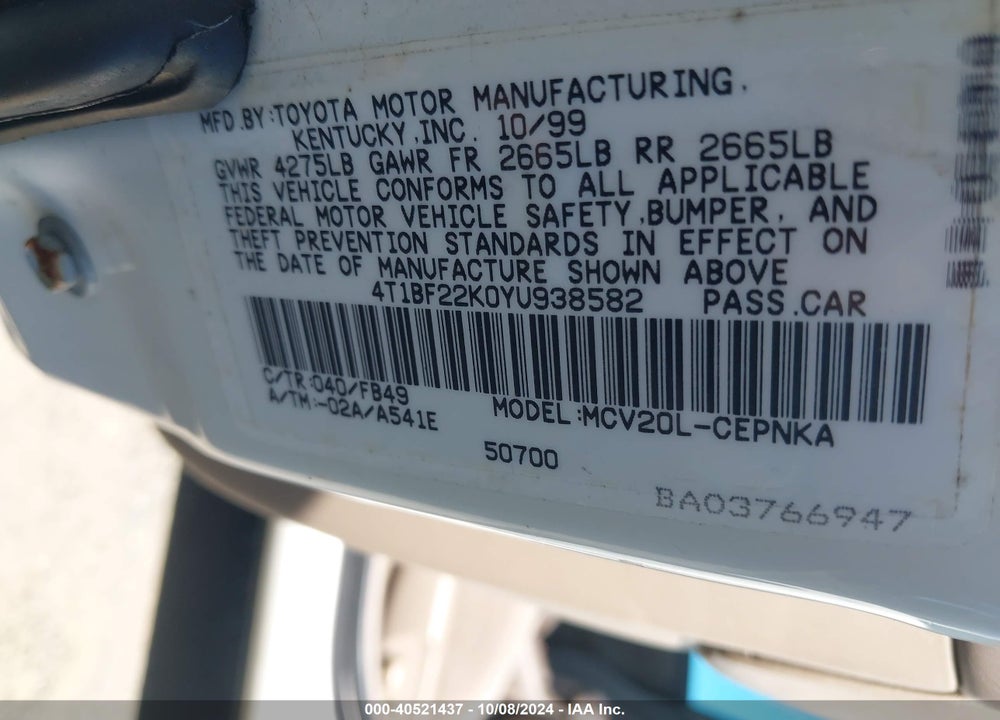 2000 TOYOTA CAMRY LE V6 VIN: 4T1BF22K0YU938582