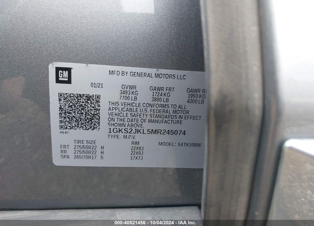 2021 GMC YUKON XL 4WD DENALI VIN: 1GKS2JKL5MR245074