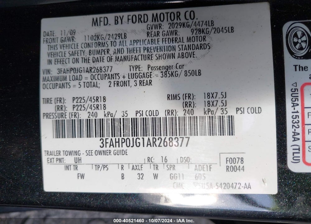2010 FORD FUSION SEL VIN: 3FAHP0JG1AR268377