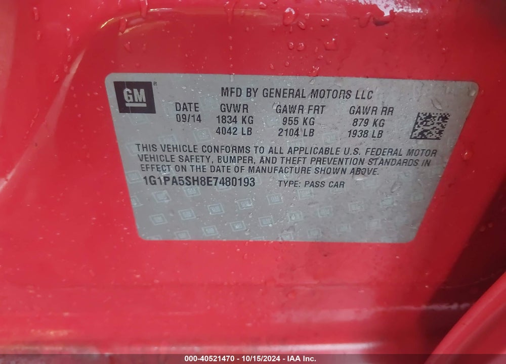 2014 CHEVROLET CRUZE LS AUTO VIN: 1G1PA5SH8E7480193