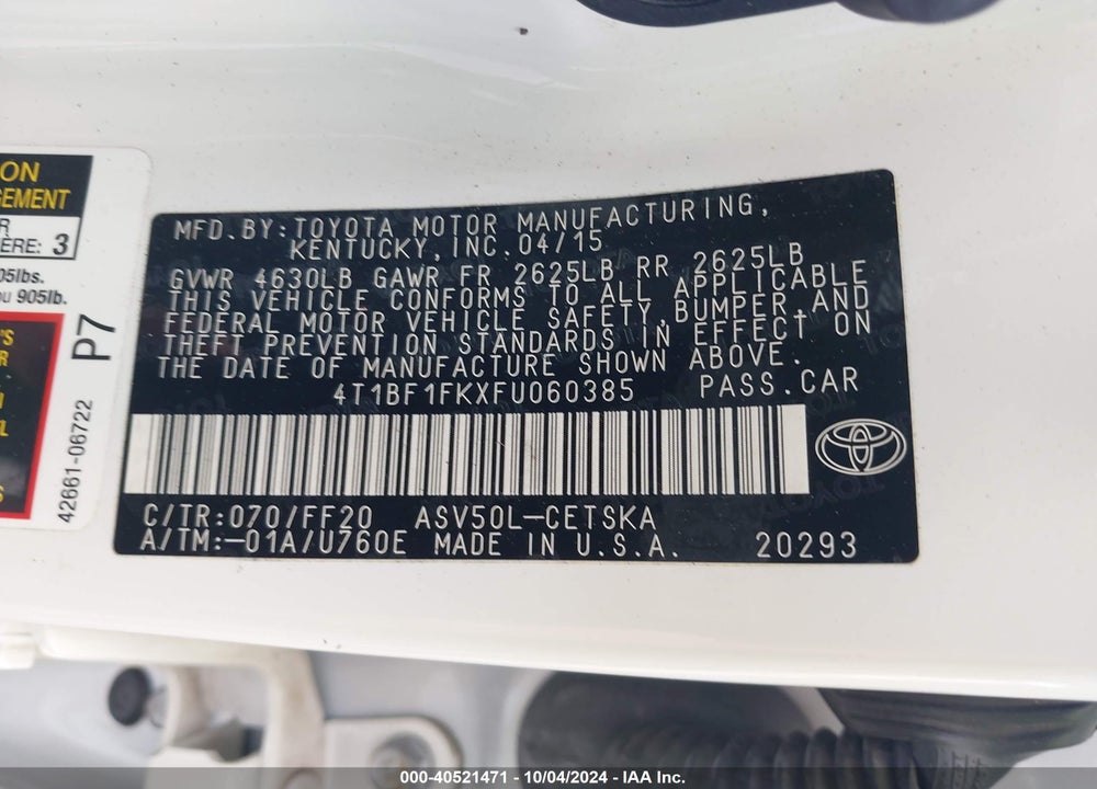2015 TOYOTA CAMRY SE VIN: 4T1BF1FKXFU060385