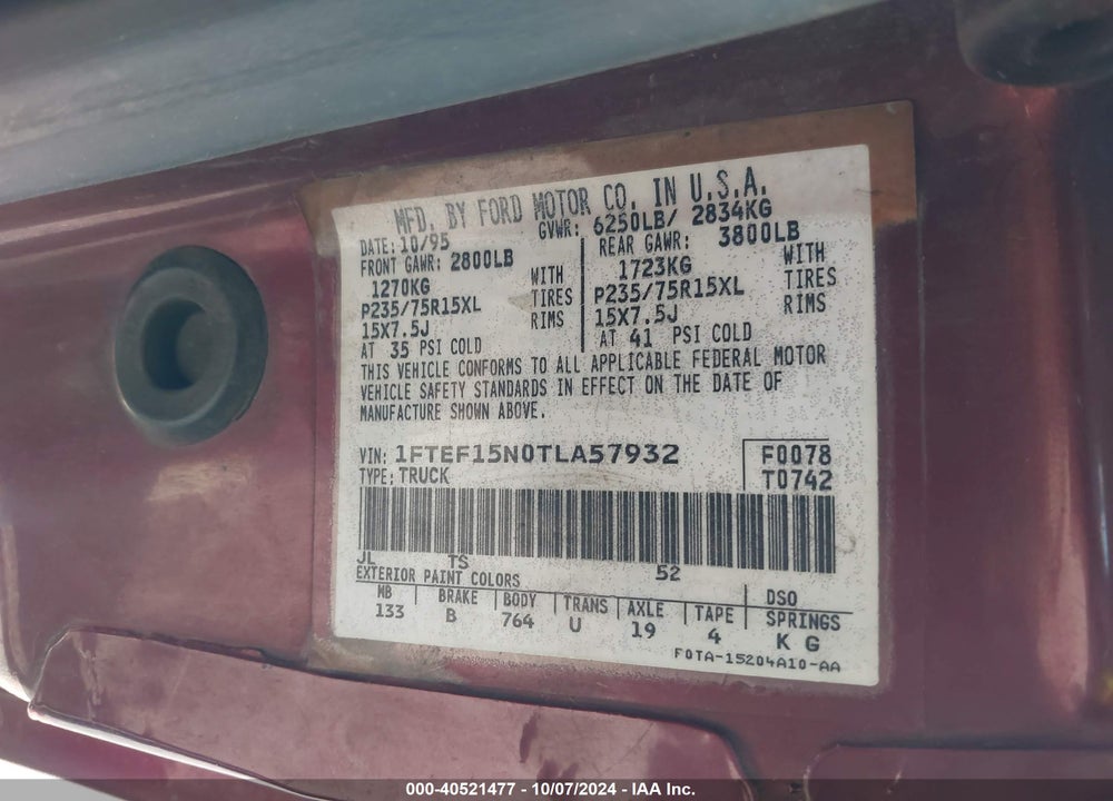 1996 FORD F150 VIN: 1FTEF15N0TLA57932