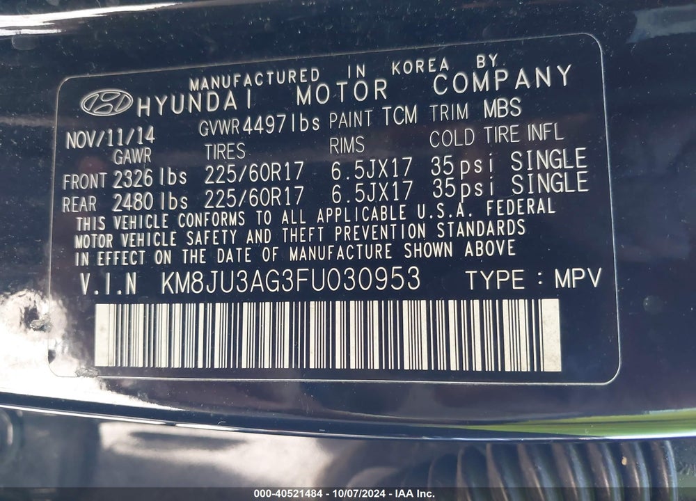 2015 HYUNDAI TUCSON SE VIN: KM8JU3AG3FU030953