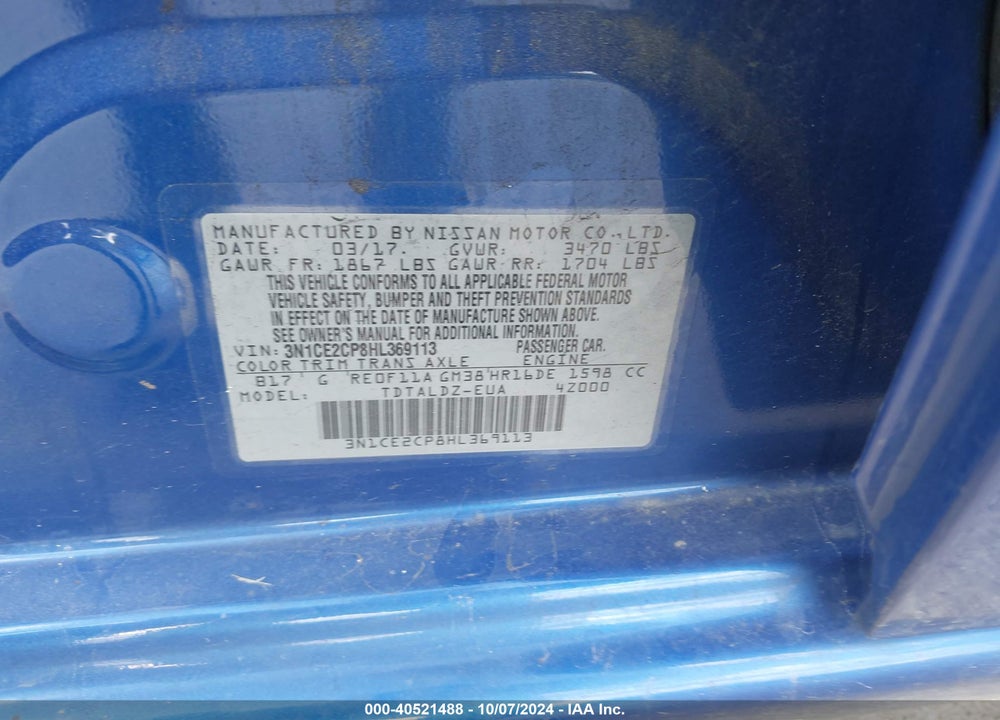 2017 NISSAN VERSA NOTE SV VIN: 3N1CE2CP8HL369113