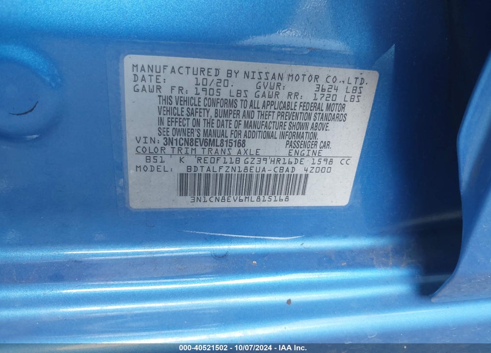 2021 NISSAN VERSA SV XTRONIC CVT VIN: 3N1CN8EV6ML815168