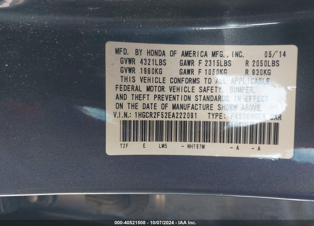 2014 HONDA ACCORD SPORT VIN: 1HGCR2F52EA222091