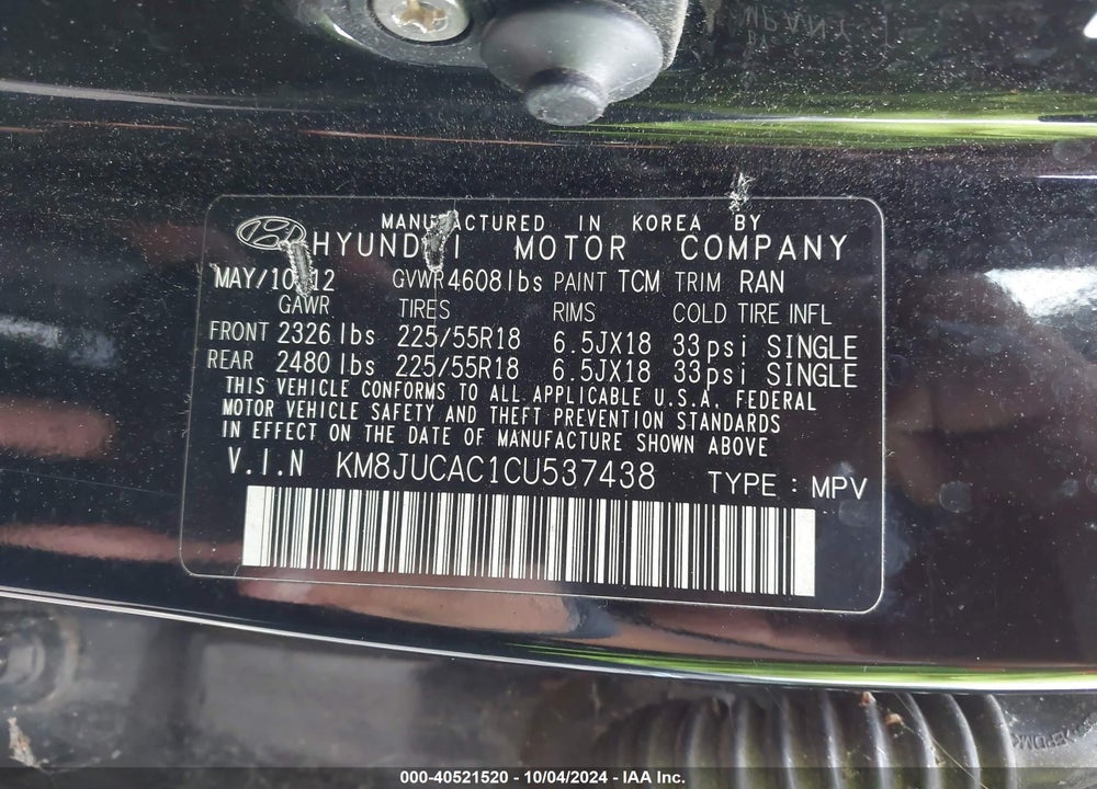 2012 HYUNDAI TUCSON LIMITED VIN: KM8JUCAC1CU537438
