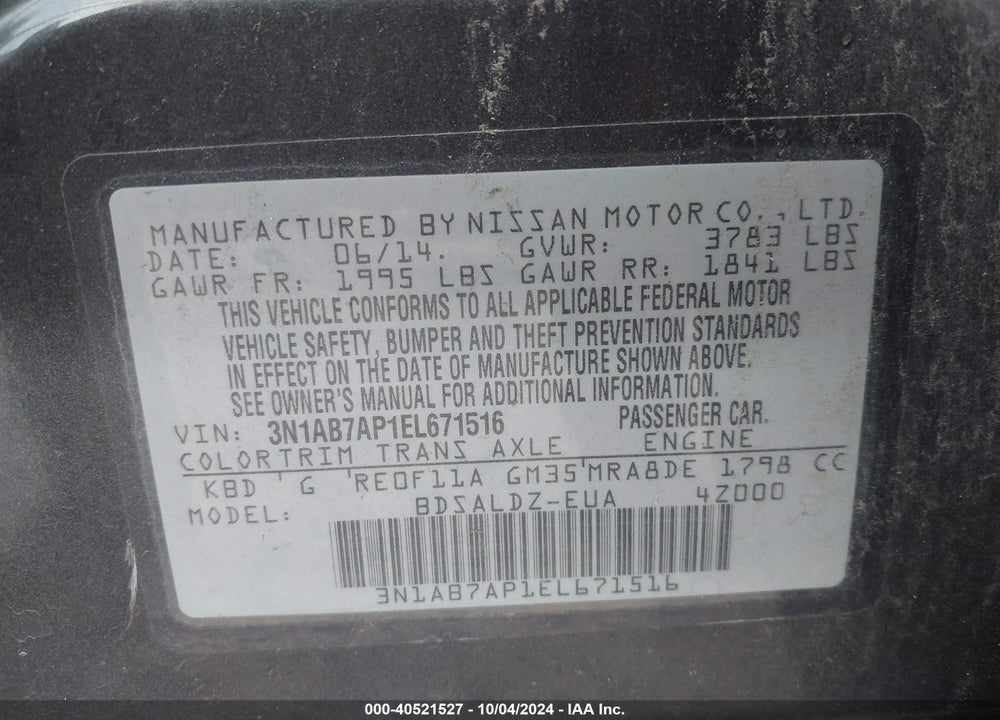 2014 NISSAN SENTRA FE+ S/FE+ SV/S/SL/SR/SV VIN: 3N1AB7AP1EL671516