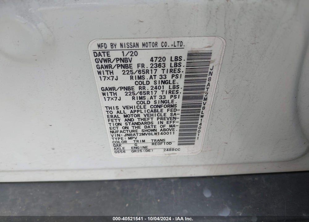 2020 NISSAN ROGUE S INTELLIGENT AWD VIN: JN8AT2MV8LW140011