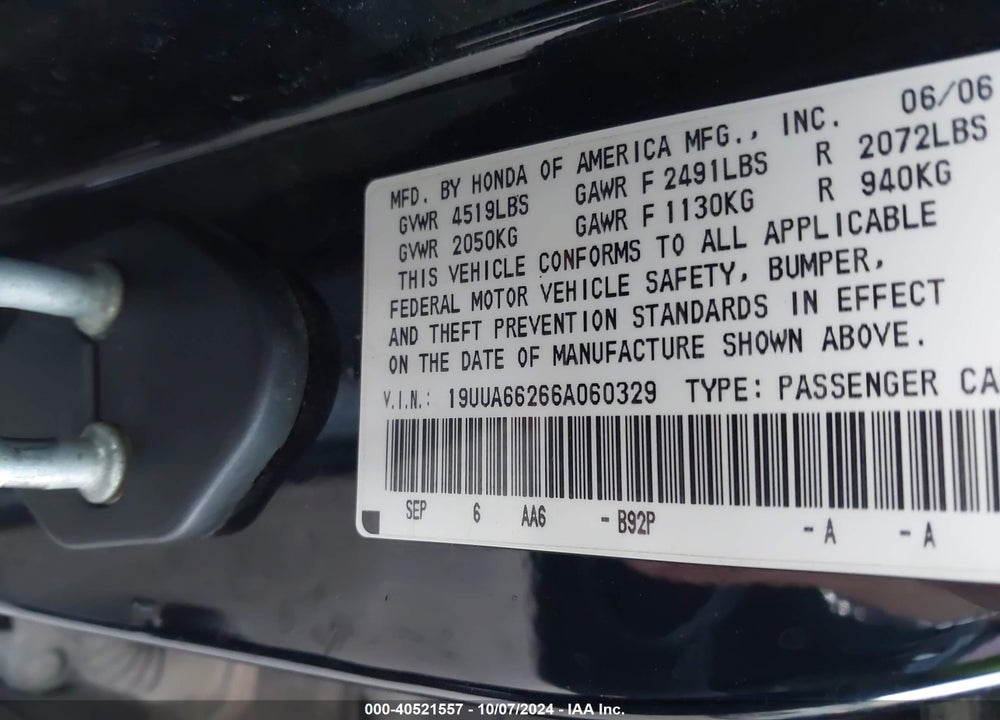 2006 ACURA TL VIN: 19UUA66266A060329