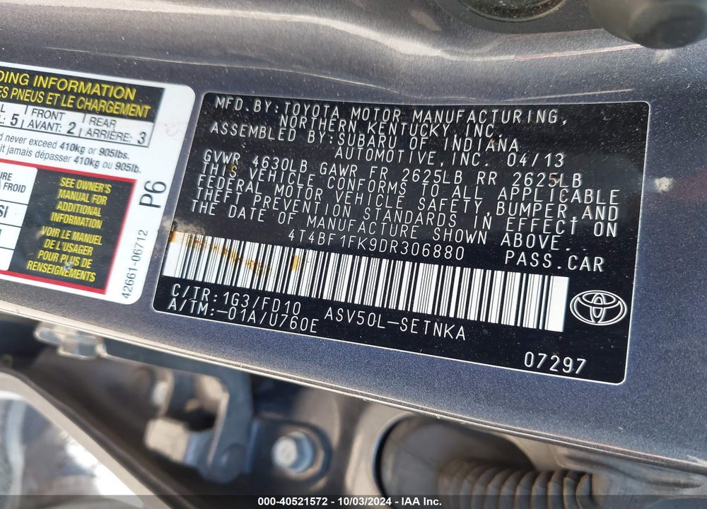2013 TOYOTA CAMRY LE VIN: 4T4BF1FK9DR306880