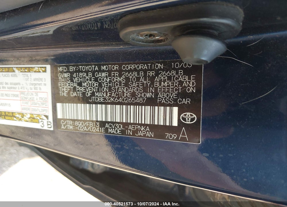 2004 TOYOTA CAMRY LE VIN: JTDBE32K640265487