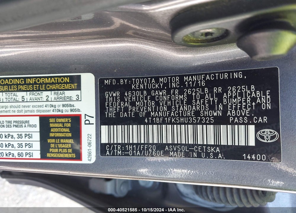 2017 TOYOTA CAMRY SE VIN: 4T1BF1FK5HU357325