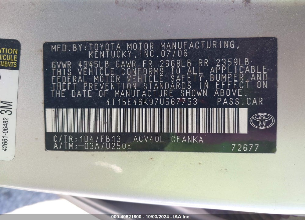2007 TOYOTA CAMRY LE VIN: 4T1BE46K97U567753