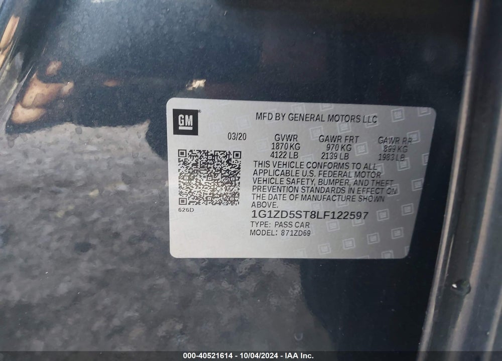 2020 CHEVROLET MALIBU FWD LT VIN: 1G1ZD5ST8LF122597