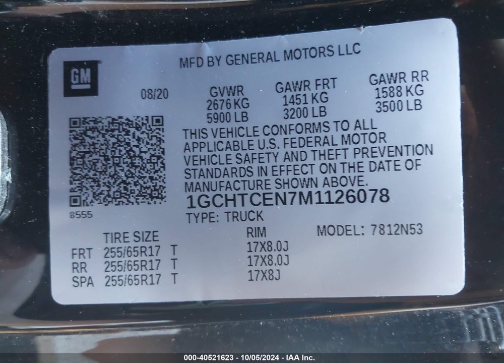 2021 CHEVROLET COLORADO 4WD LONG BOX LT VIN: 1GCHTCEN7M1126078