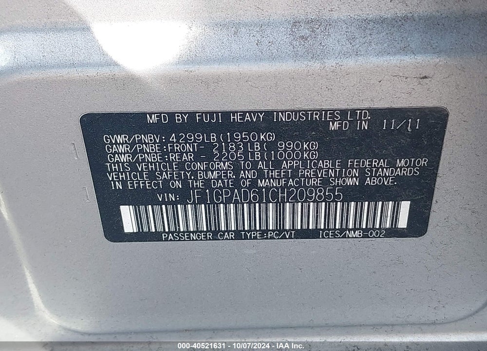 2012 SUBARU IMPREZA 2.0I PREMIUM VIN: JF1GPAD61CH209855