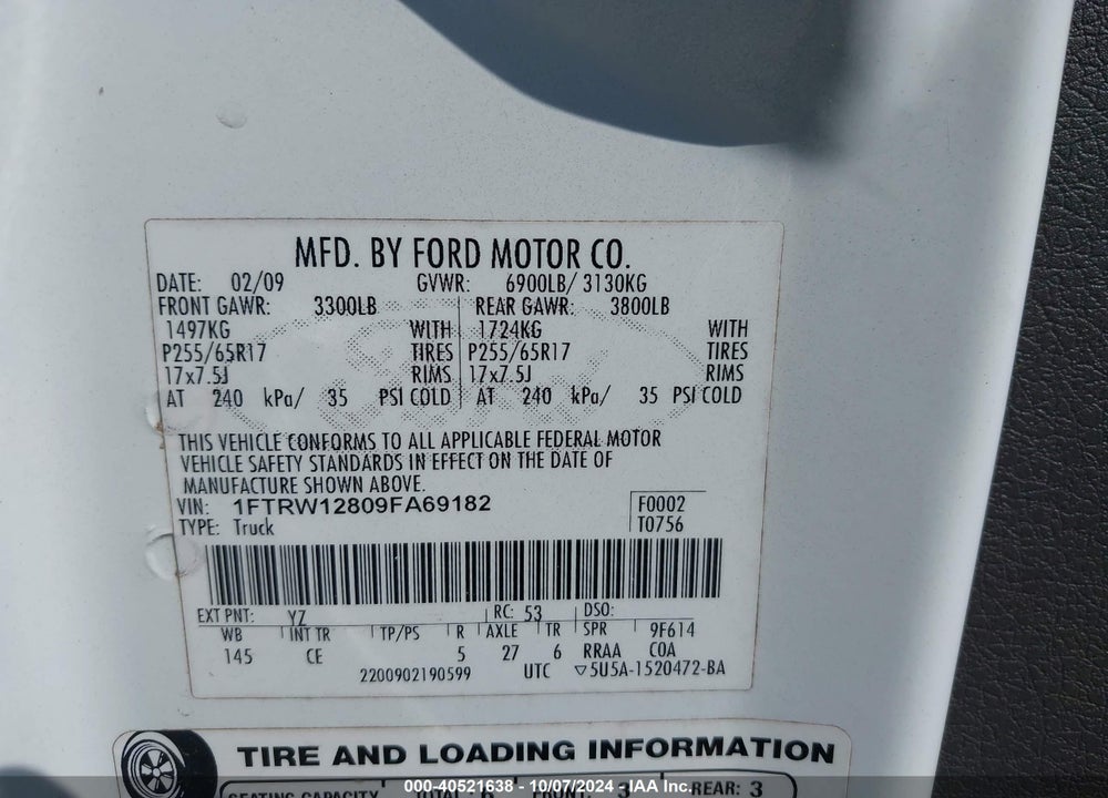 2009 FORD F-150 XL/XLT VIN: 1FTRW12809FA69182