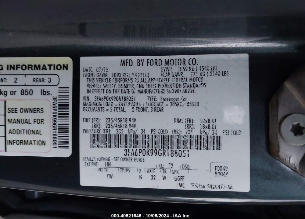 2016 FORD FUSION TITANIUM VIN: 3FA6P0K99GR188051