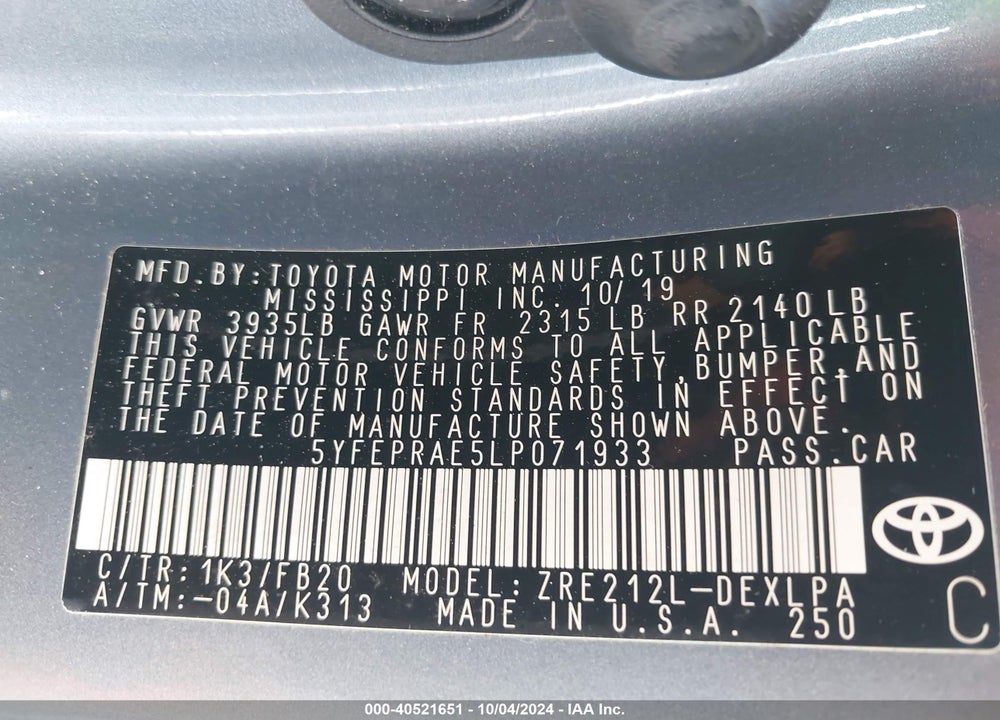 2020 TOYOTA COROLLA LE VIN: 5YFEPRAE5LP071933