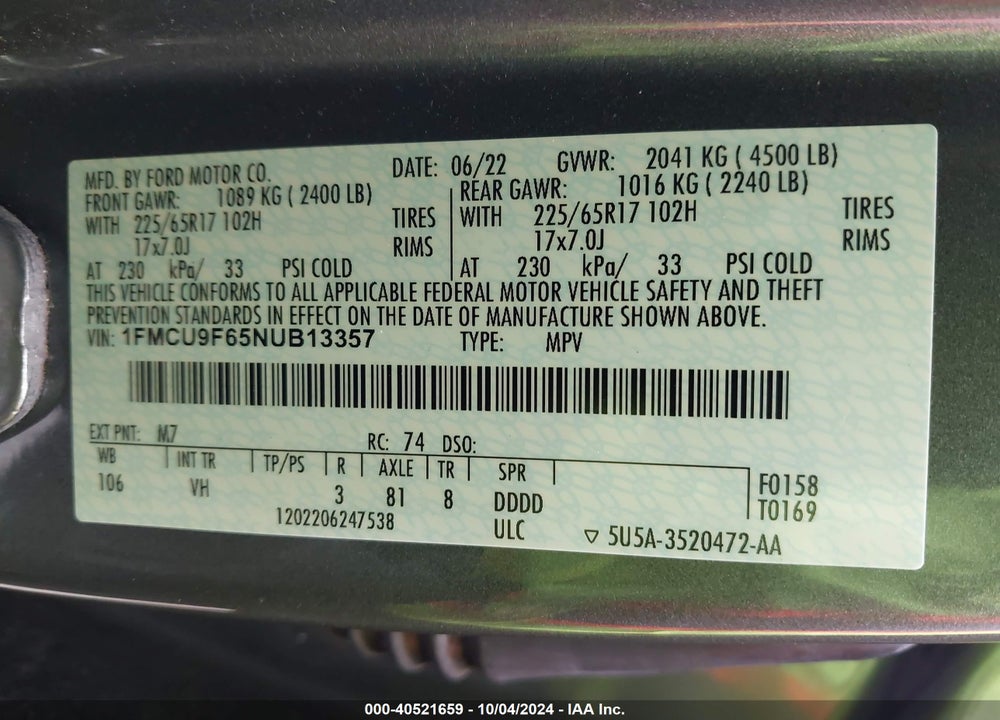 2022 FORD ESCAPE S VIN: 1FMCU9F65NUB13357